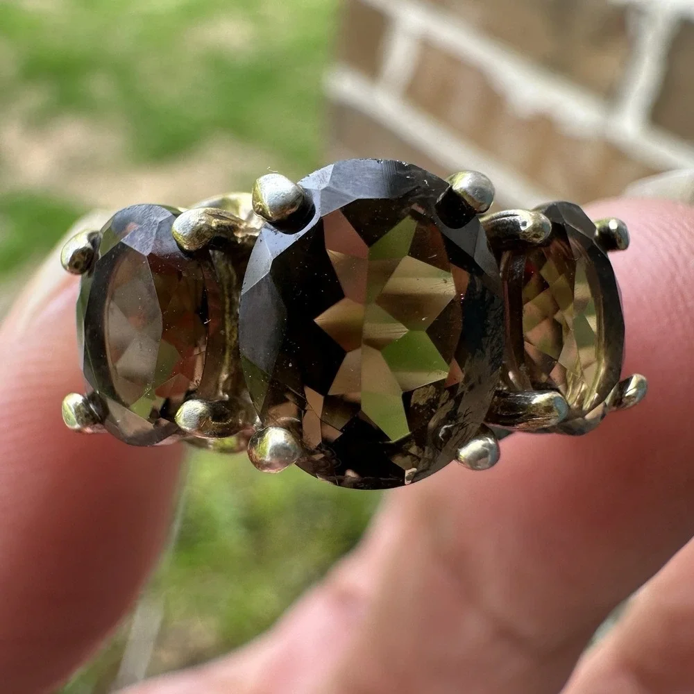 SETA  Accent Ring Size‎ 8 Triple Smoky Quartz Gems Gold Plated 925 Sterling 4.4g